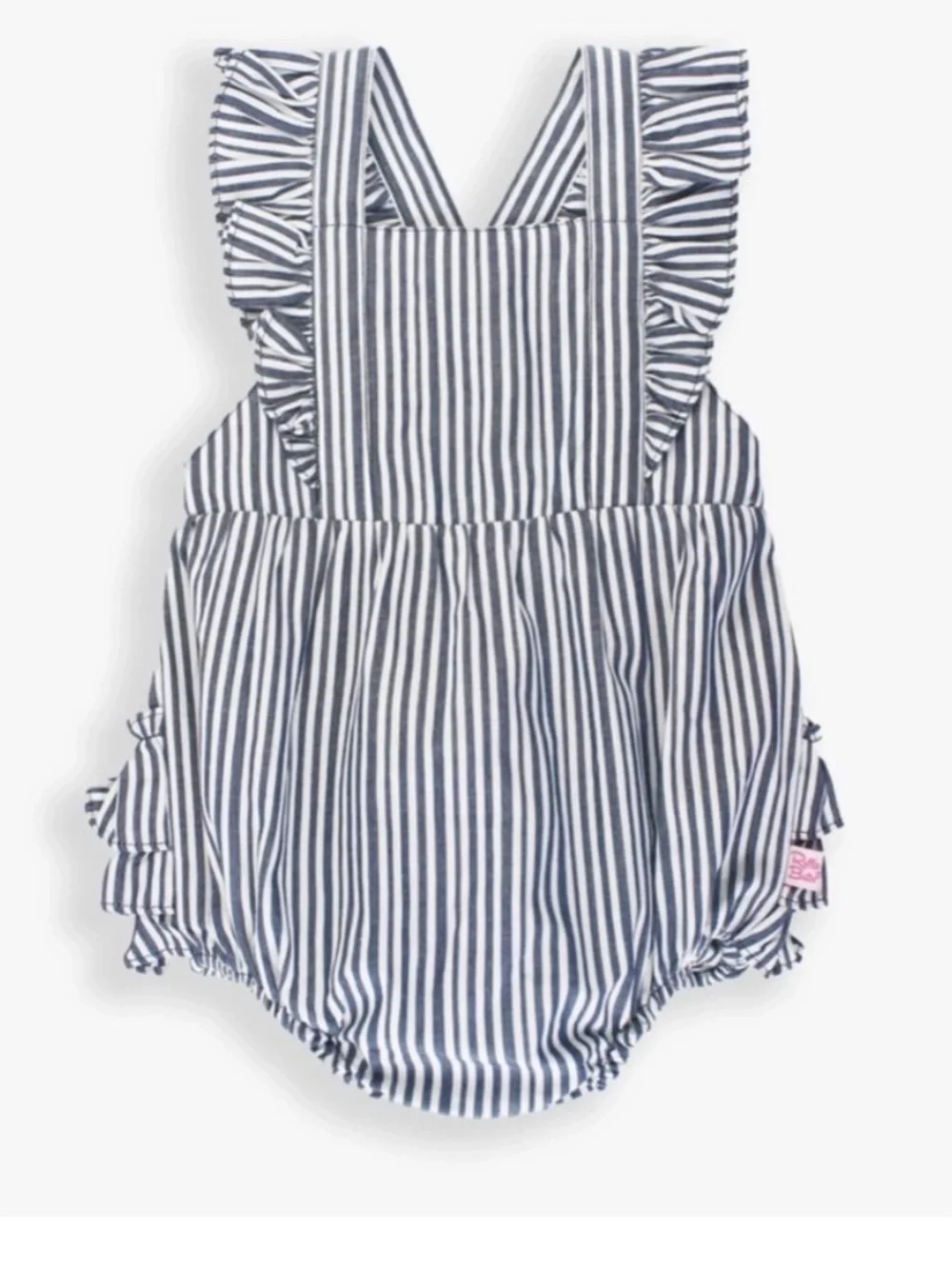 Ruffle Butts Navy and White Striped Ruffle Strap Romper, size 6-12 Months.